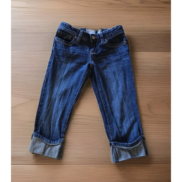 Old Navy Cropped Blue Jeans Girls Sz 10 Cotton Capri Pants Med Wash Adjustable - Picture 1 of 15